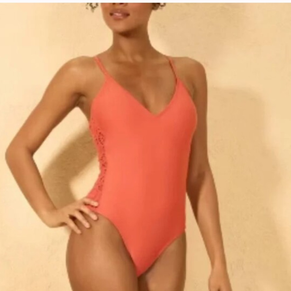 Shade & Shore Coral One-Piece Crochet Detail Swimsuit